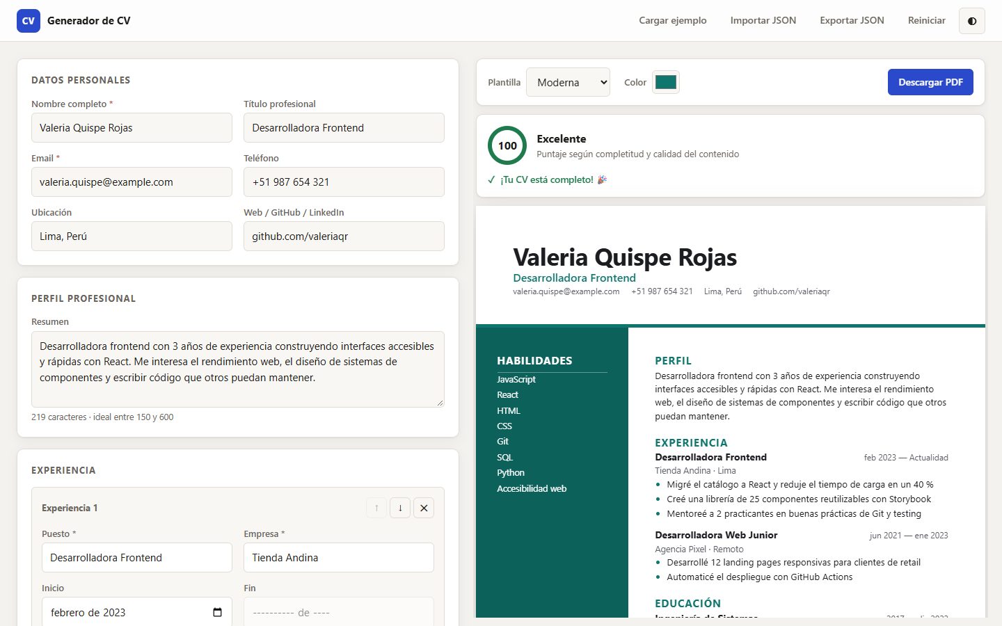 Editor de CV a la izquierda y vista previa con la plantilla Moderna a la derecha